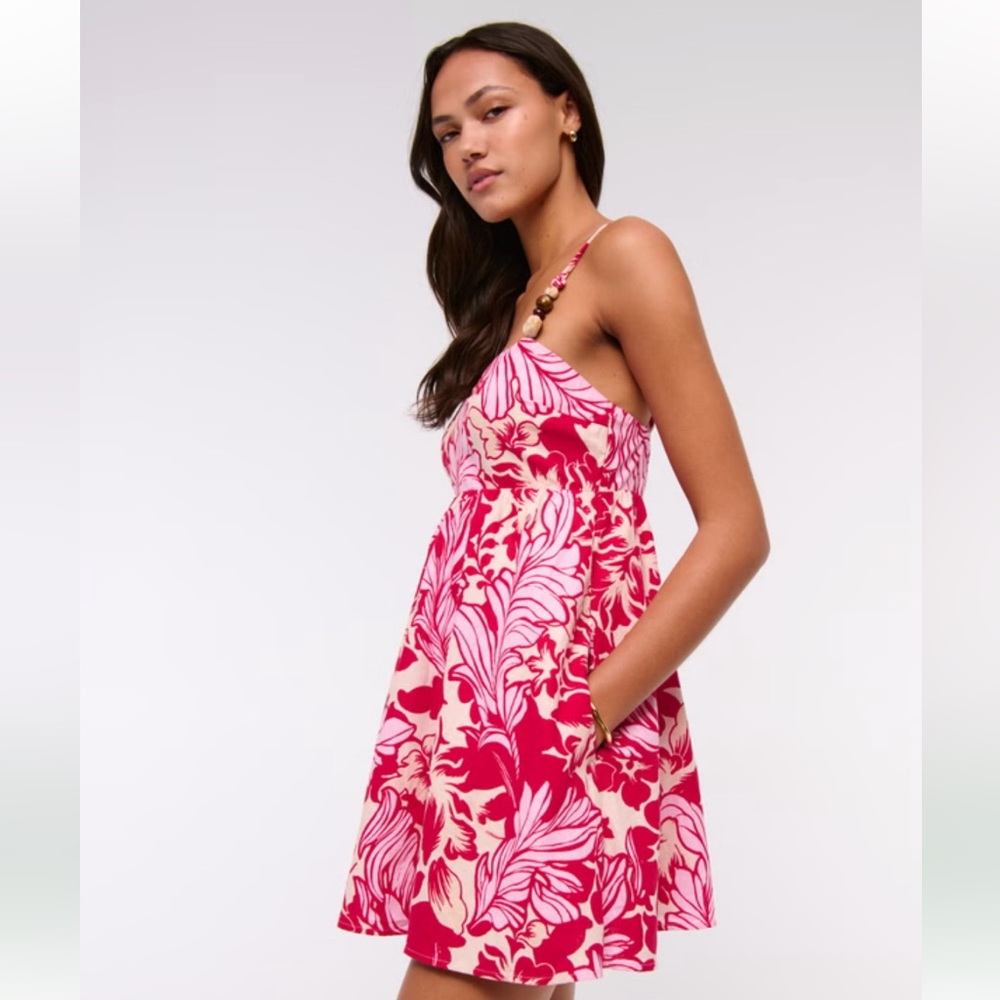 Abercrombie Red and Pink Floral Dress - Beaded Sweetheart Babydoll Skort